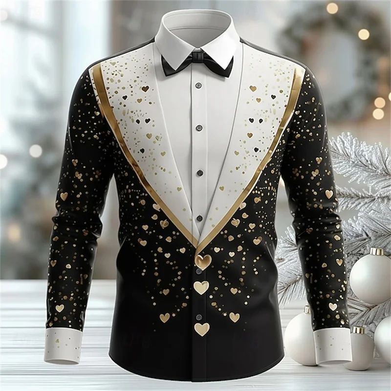 Valentine's Day Men's Romantic Heart-Shaped Faux Collar Suit Shirt, Holiday Party Turn-Down Collar 3D Print Shirt, Black and Red