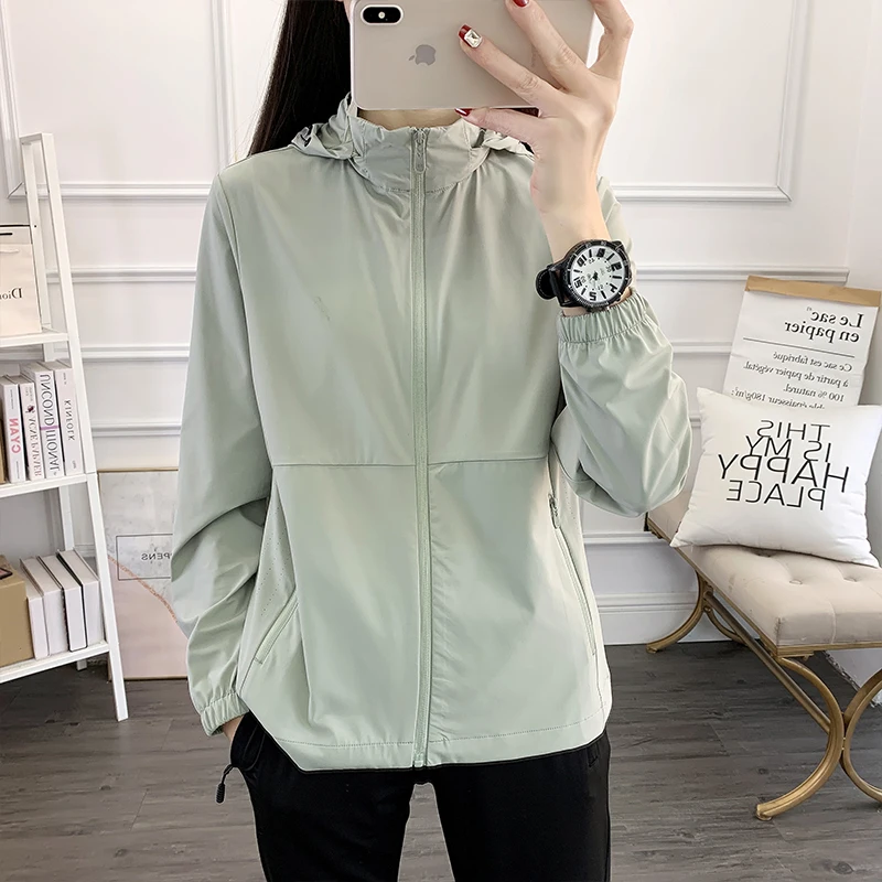 Women Hooded Lightweight Jacket Casual Full Zip Windbreaker Coat Elastic Cuff Outdoor Sports Loose Thin Outerwear L‑5XL