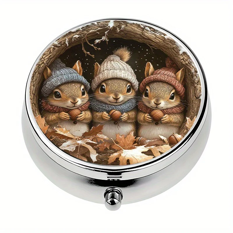 Single-piece, three-compartment wallet-style pill box, Three Squirrels portable pill and vitamin storage box, decorative metal portable pill box, a unique gift for Halloween or Christmas