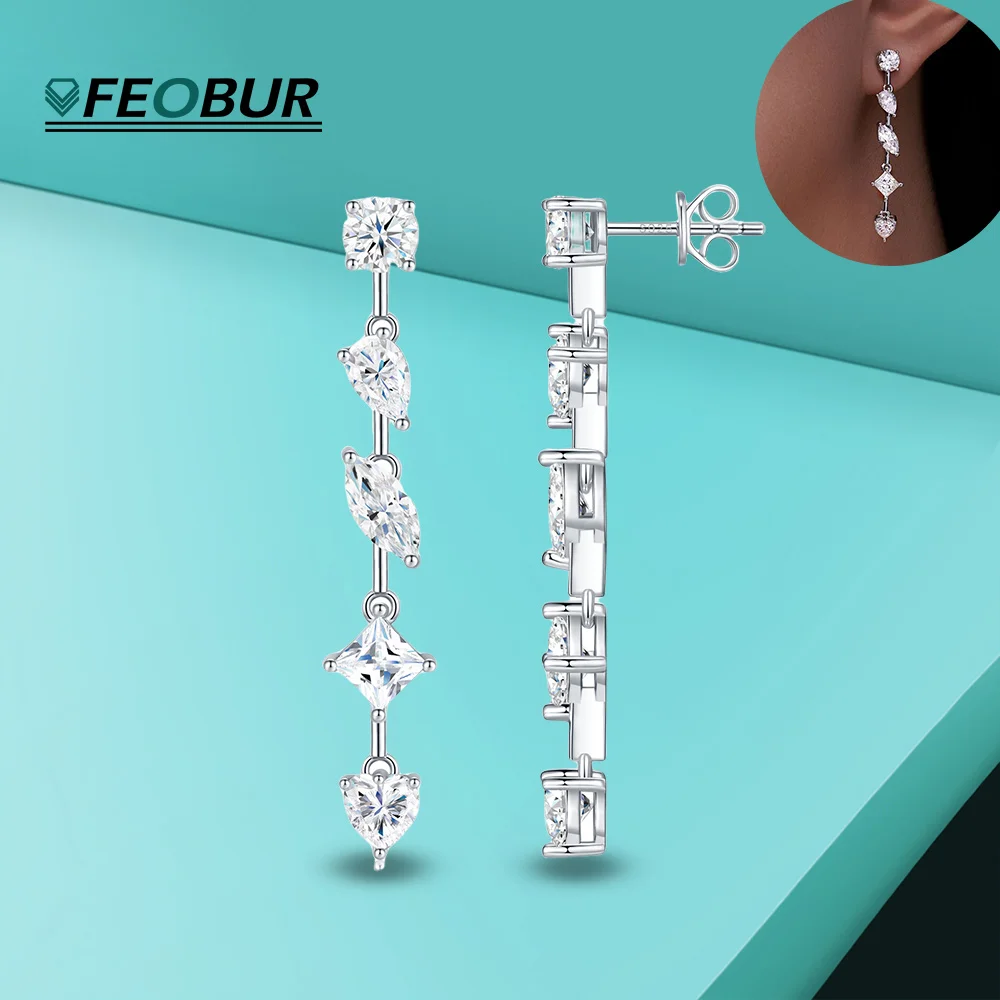 

FEOBUR 4cttw Mixed Moissanite Drop Earring Wedding 925 Sterling Silver Diamond Long Dangle Earrings for Women Bride Jewelry