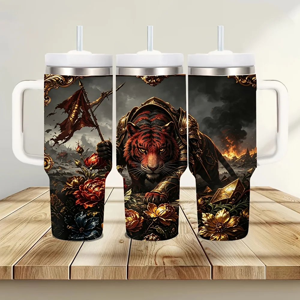 40Oz Tumbler with Handle, Cool Battlefield Armored Tiger Warrior Print Insulated Cup, Keeps Drinks Hot Or Cold, Suitable for Adults for Outdoor Activities And Daily Use