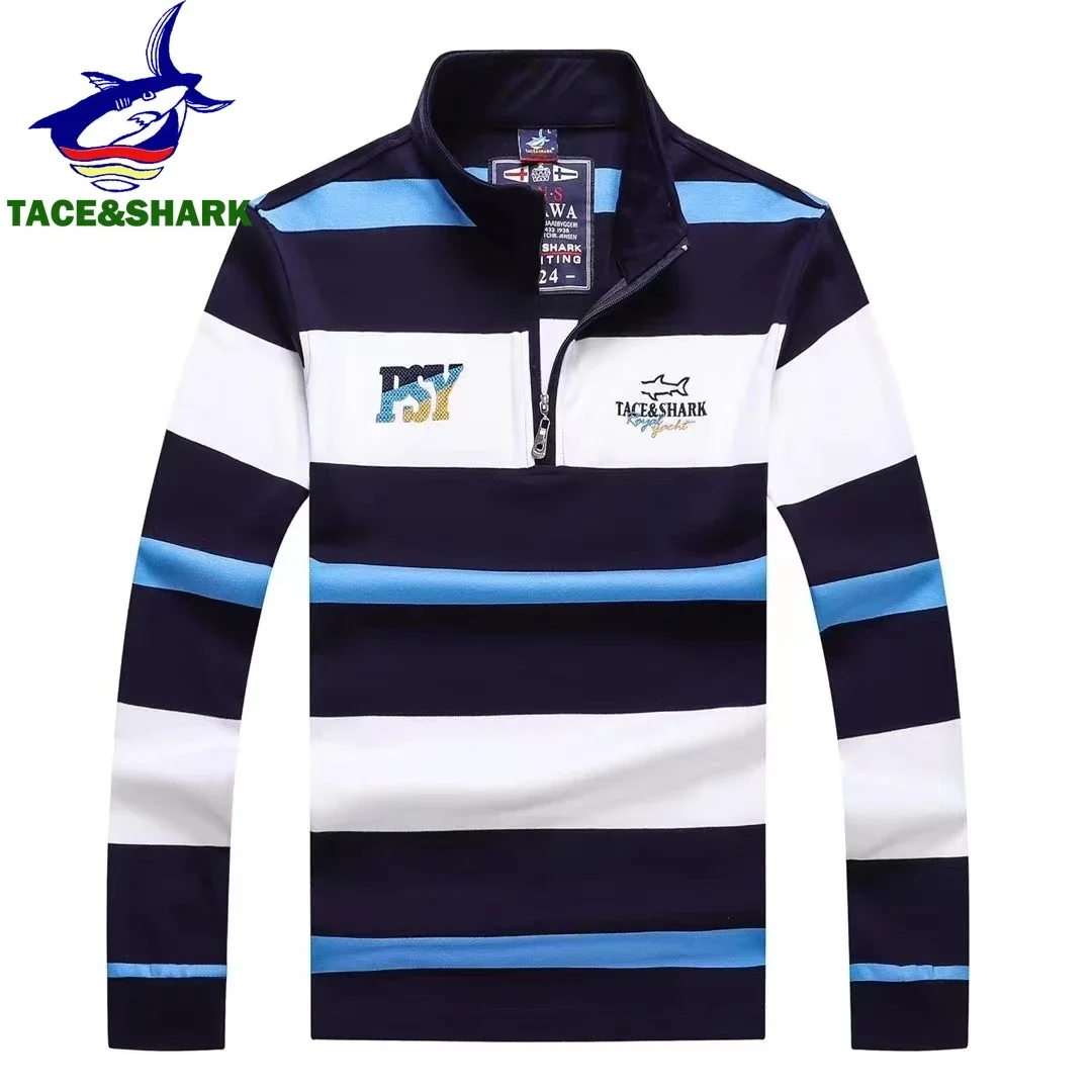 TACE&SHARK High Quality American British Royal Royal Sport Embroidered Stand Collar Polo Shirt Men\'s Long Sleeves Striped Tops