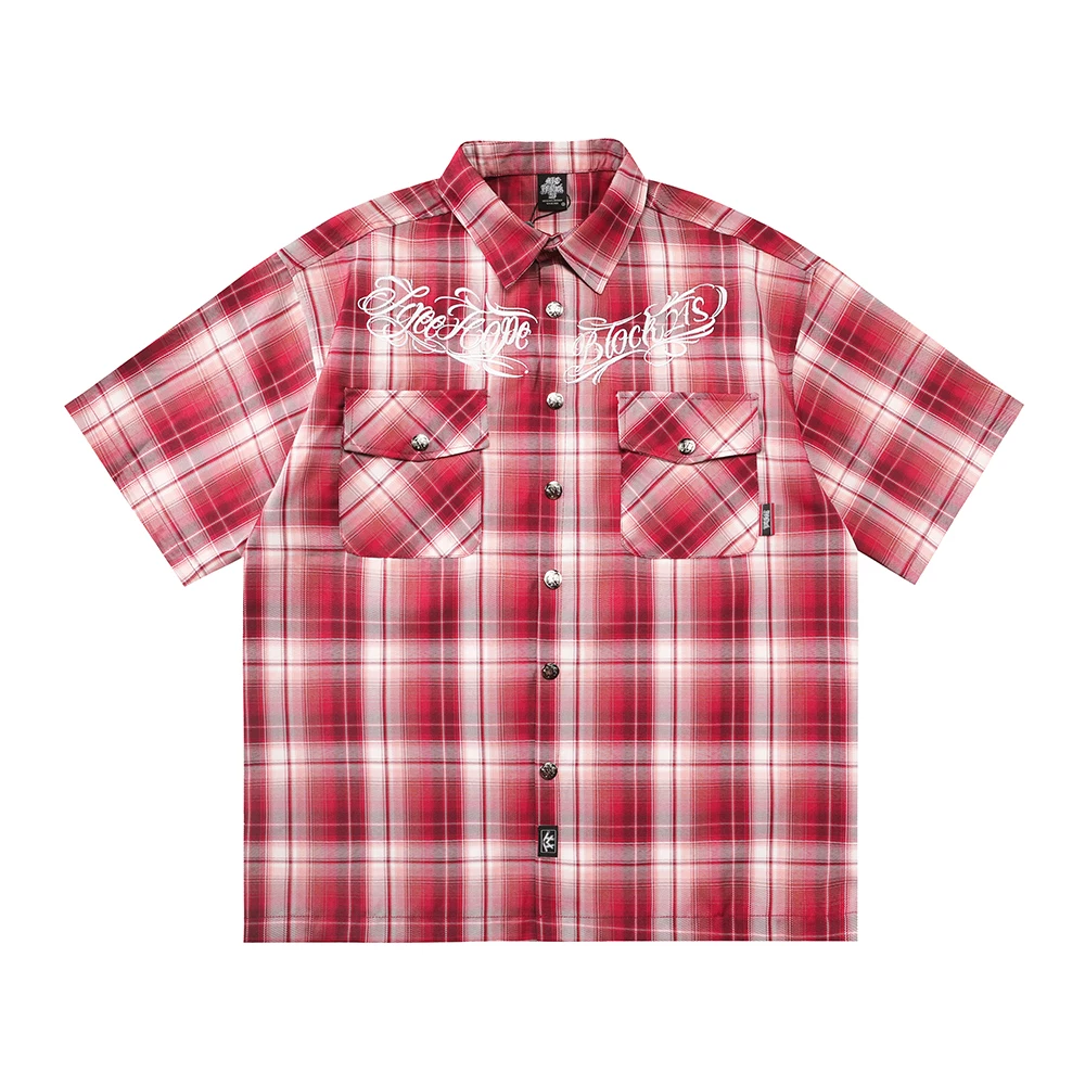 Harajuku Summer Letter Eembroidery Short Sleeve Plaid Shirt for Men Patchwork Short Sleeve Baggy Checkered Top Tees Oversized