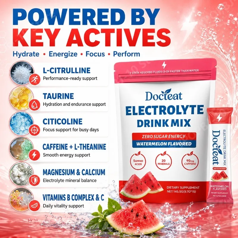 Electrolyte Drink Mix Powder Hydration Support for Workout & Keto Zero Sugar Energy with Caffeine & Amino Acids Watermelon