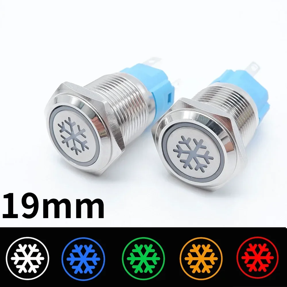 

19mm Custom Metal Push Button Switch Waterproof LED Light Snowflake Logo DIY Icon Switch With Connector Silver 5V 12V 24V 220V