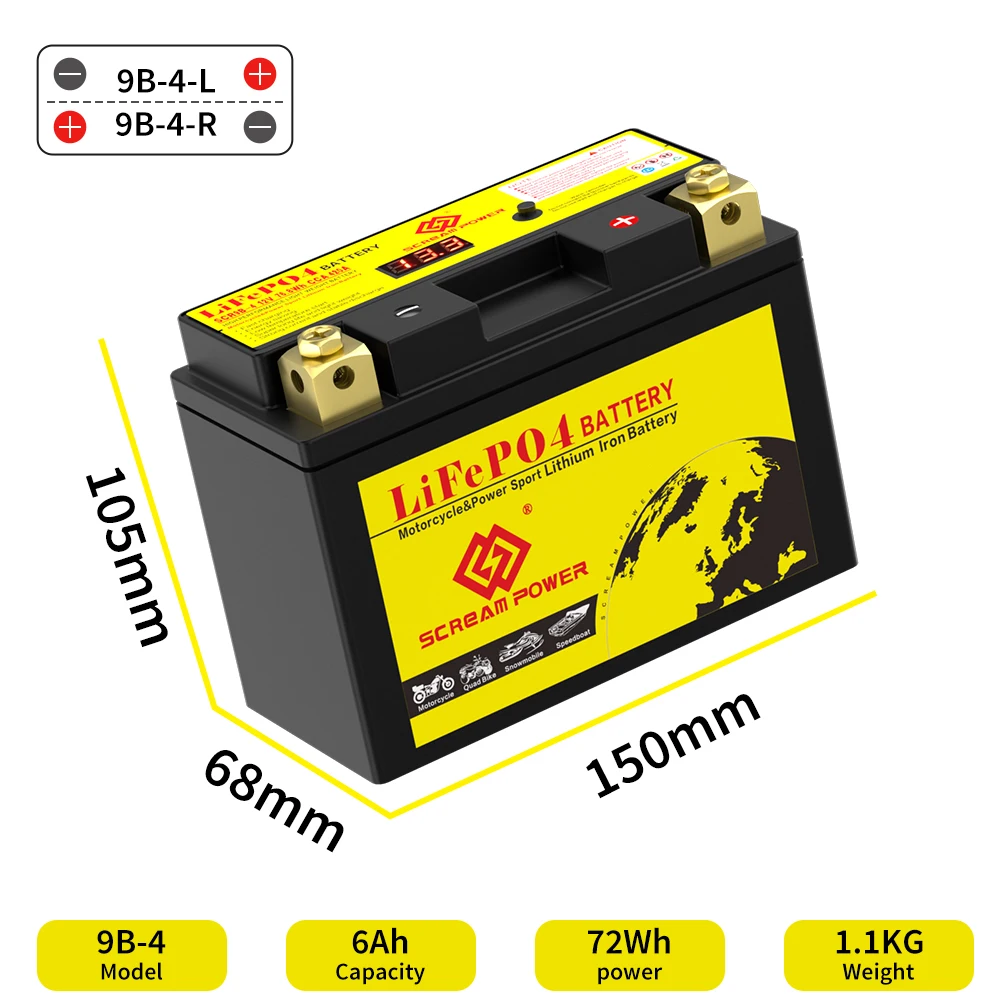 9B-4 12V 6Ah LiFePO4 Motorcycles Battery 350CCA Built in BMS Maintenance-free for Motorcycle ATV UTV Scooter Quad Snowmobile