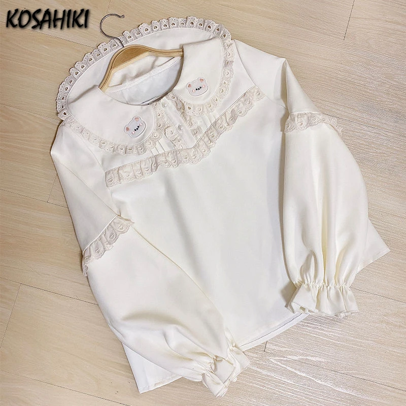 Japanese Kawaii Girl Sweet Cute Lolita Shirt Y2k Aesthetic Cartoon Embroidery Blouse Tops Women JK Loose Button Blusas Femme