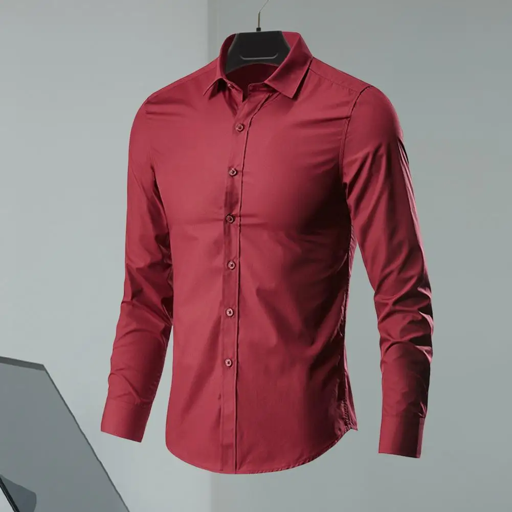 

Solid Color Business Shirt Stylish Men's Slim Fit Cardigan Turn-down Collar Solid Color Long Sleeves for Casual Business