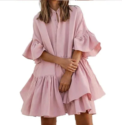 New Arrival Chiffon Loose Dr Pure Color High End Women's Dr round Ne A-Line Skirt Long Sve ort Length with Puff ...