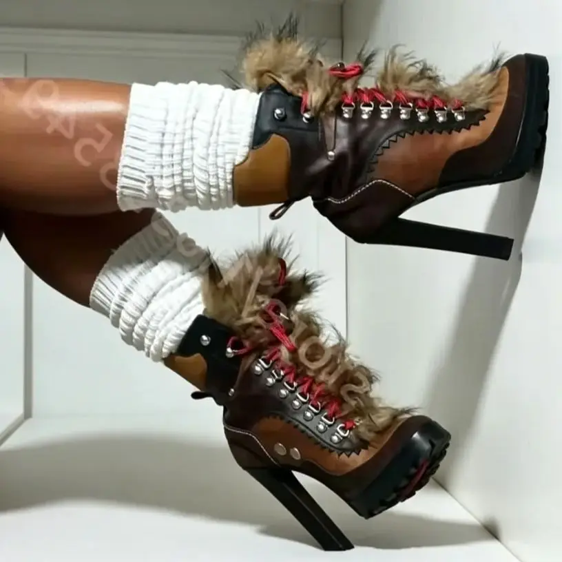 Women's Autumn Retro Brown Faux Fur Ankle Boots Casual Chunky High Heel 2026 Mixed Color Platform round Lace-Up Boot