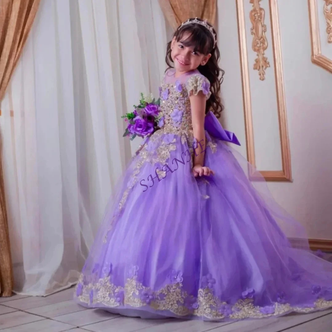 Lantejoulas vestidos da menina de flor para o casamento com arco até o chão festa de aniversário da menina do bebê formal primeira comunhão vestidos personalizados