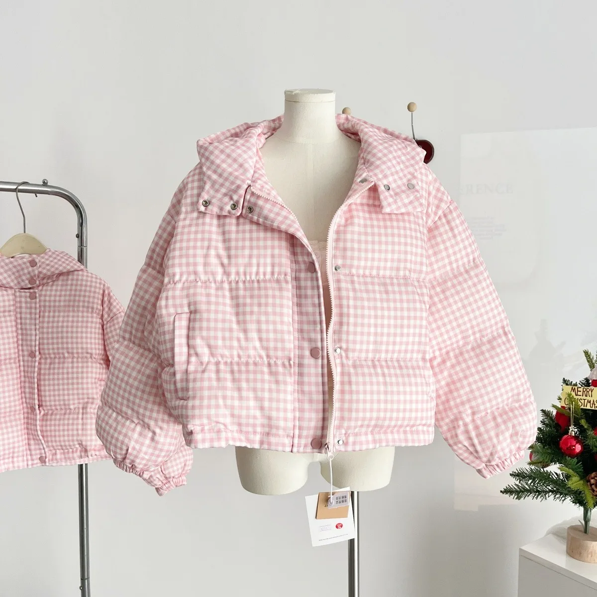 Manteau court en duvet de canard rose et blanc pour femme, joli manteau chaud à manches longues, à capuche, à carreaux, mignon, rembourré, vêtements d'extérieur, automne hiver