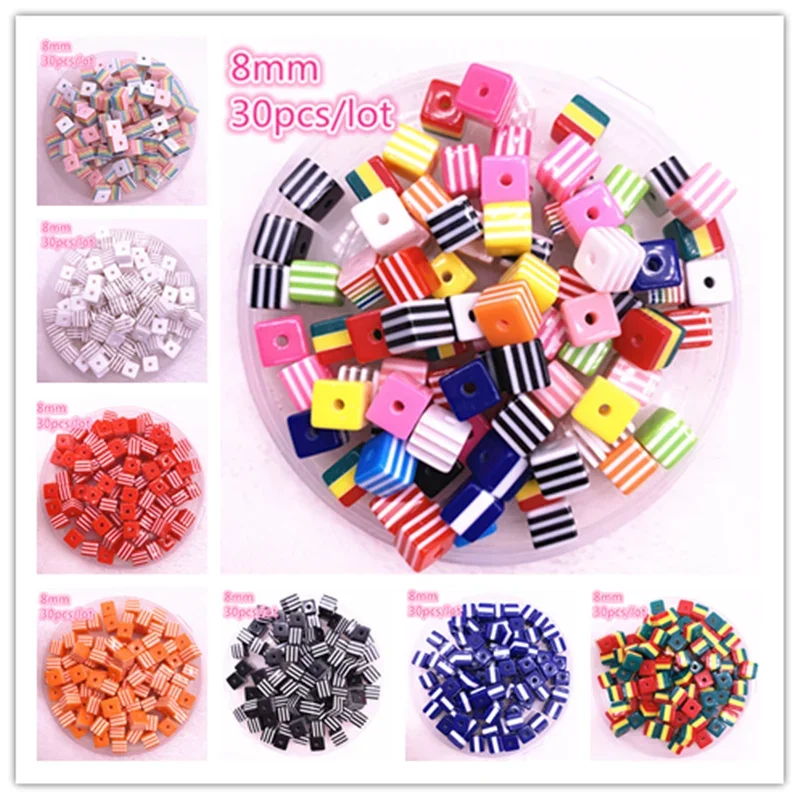 New Jewelry Resin Spacer Square Beads Mixed Striped Pattern about 30pcs 8mm( 5/16