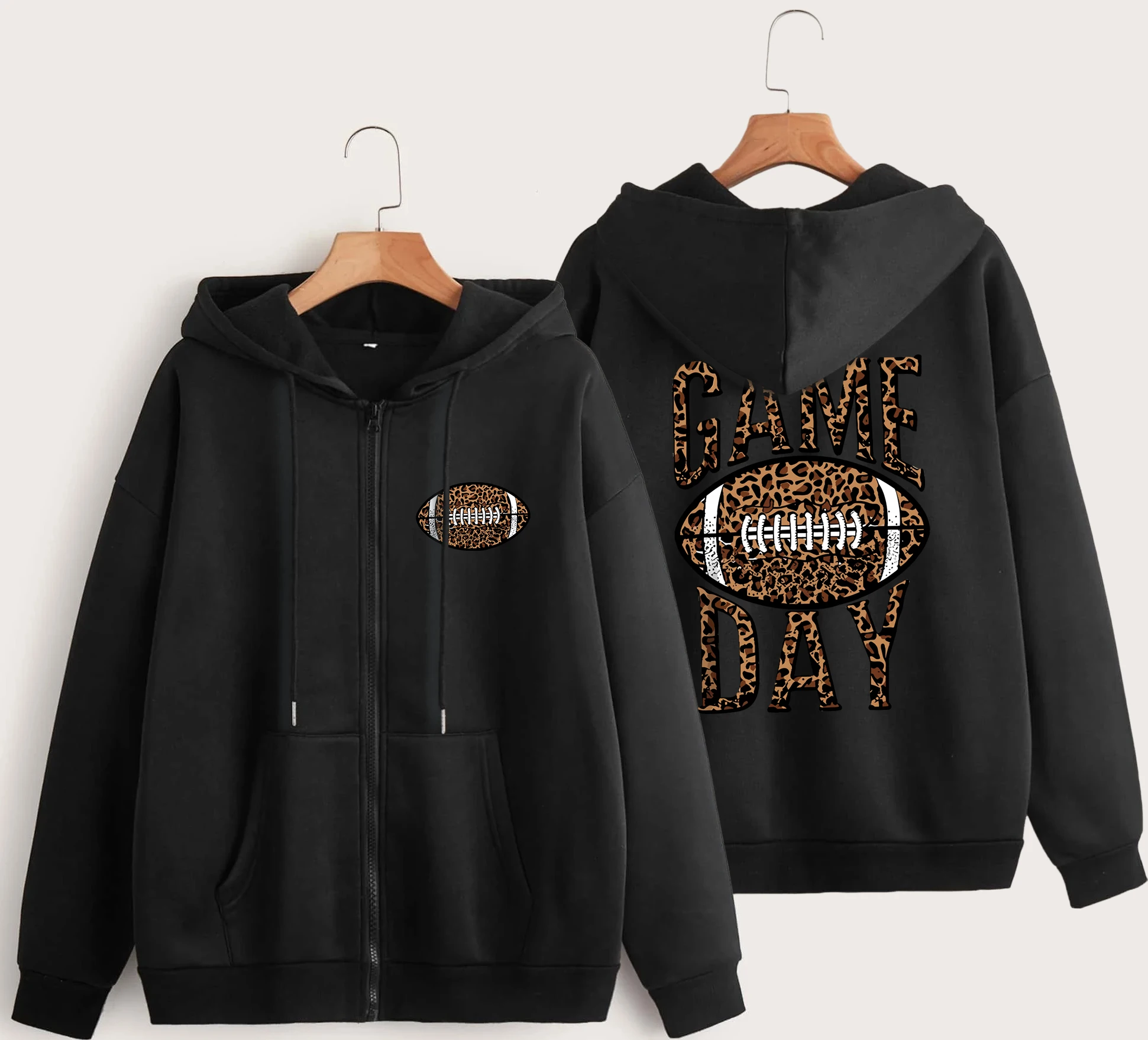 Game Day Leopard Rugby Letter  Design Zipper Sweatshirts Women Fleece Hoodies Autumn Oversize Hoodie Casual All-Match Streetwear