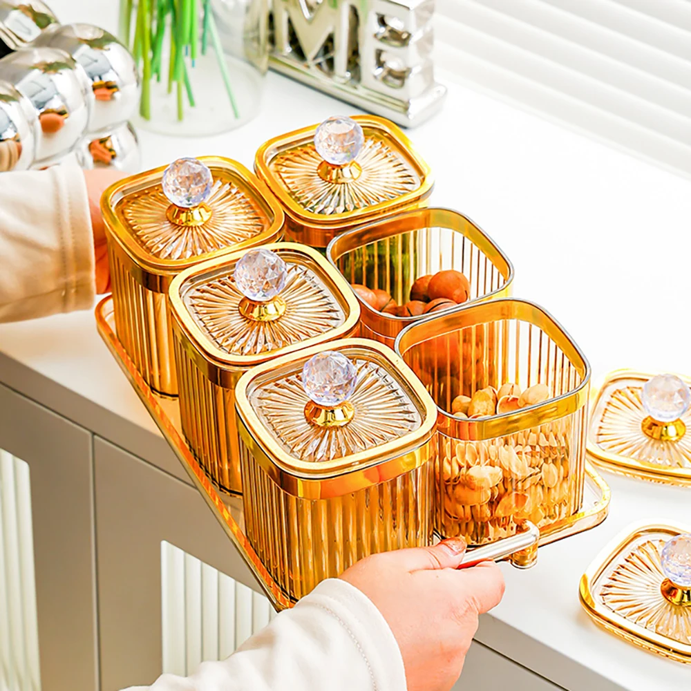 Luxury Gold Plated Vertical Pattern Sealed Jar Tray Set Home Kitchen Transparent Salt Grain Storage Bottle with Lids Storage Box