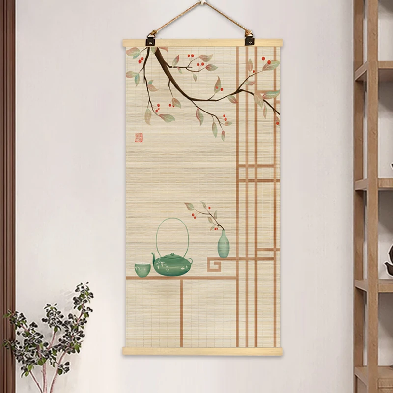 Chinese Bamboo Curtain Hanging Painting Bamboo Scroll Decorative Painting Hanging Paintings on The Entrance Wall Home Decoration