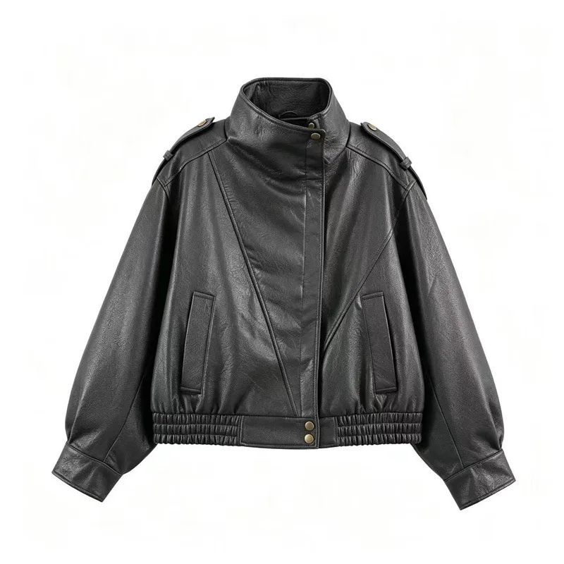 Nine Zar Women's Long Sleeve Stand Collar Faux Leather PU Jacket Pilot Coat with Pockets Short Length Zipper Closure Winter O...