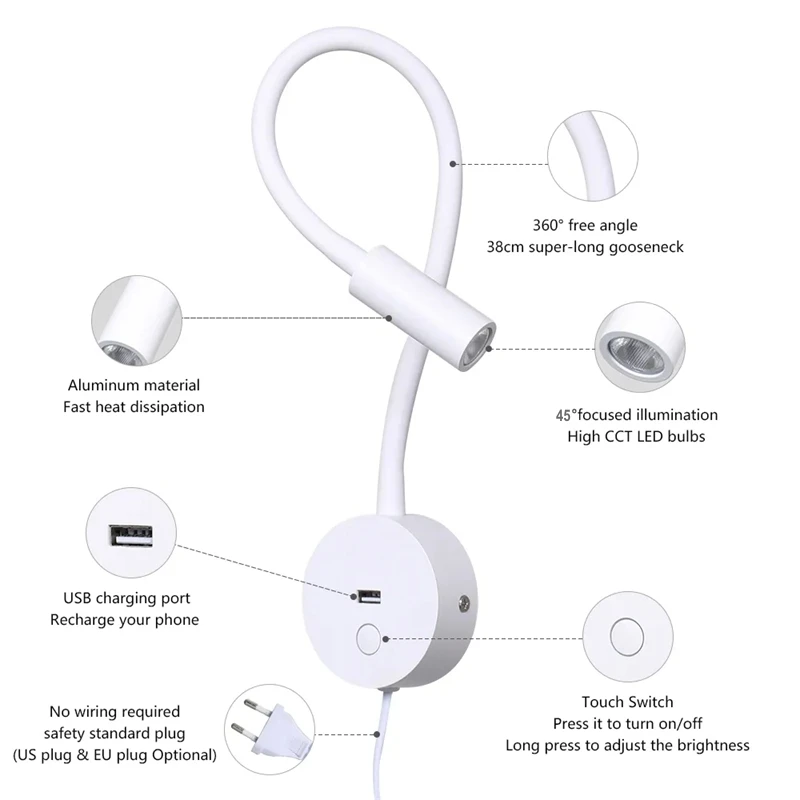 Tokili Plug in White Reading Light Bedside Headboard Lamp Touch On/Off/Dimmer Switch LED USB Charger Nickel Bedroom Decor Sconce