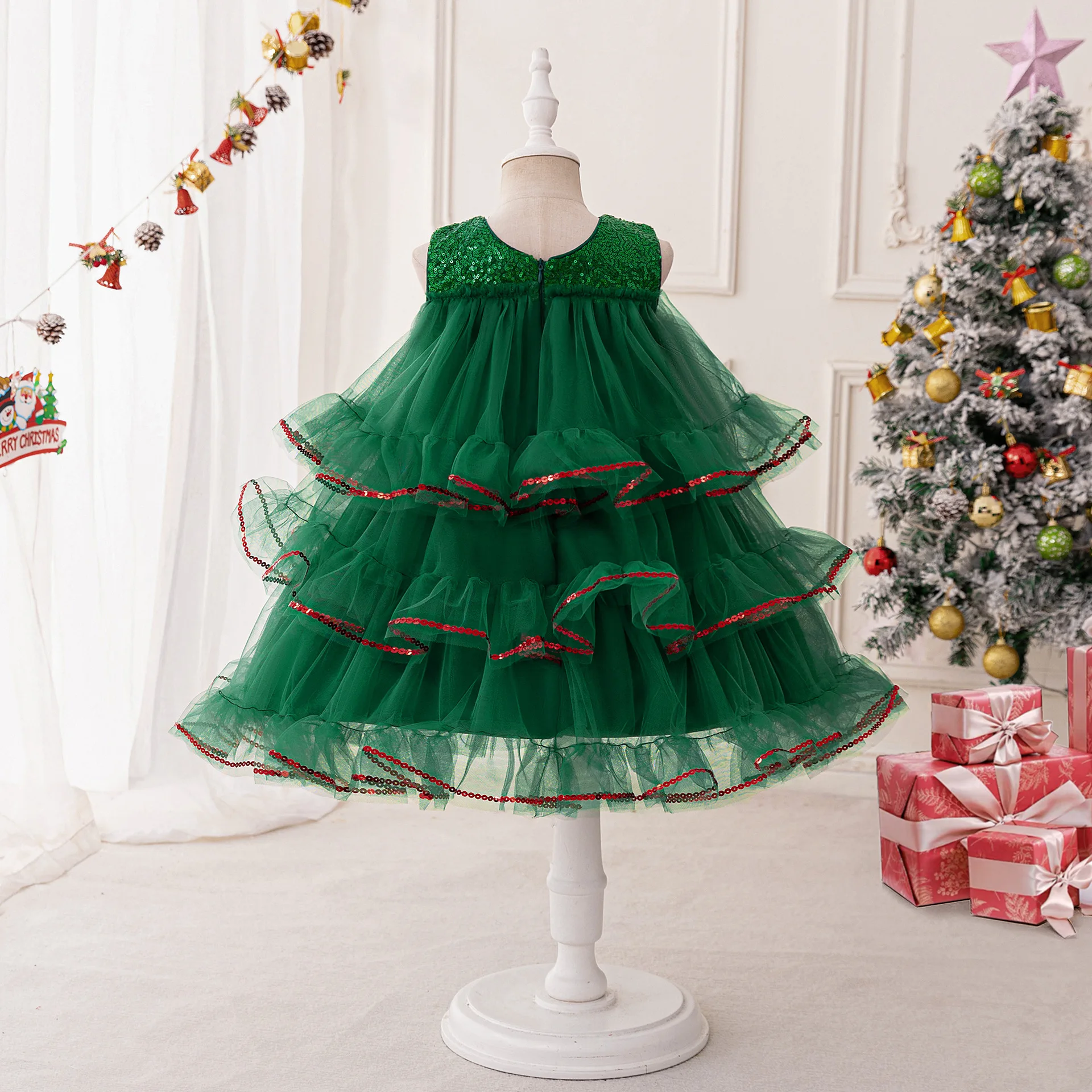 HETISO Kids Christmas Tree Design Girls Party Dresses Green Princess Layered Mesh Costume Pageant Formal Gown for Children 3-7T