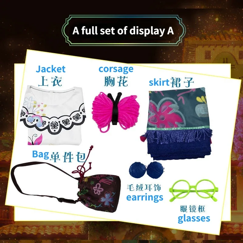 Iin Stock Encanto Cosplay Costume Princess Flower Mirabel Dress Wig Bag Glasses Sets Halloween Party Clothes  for Women