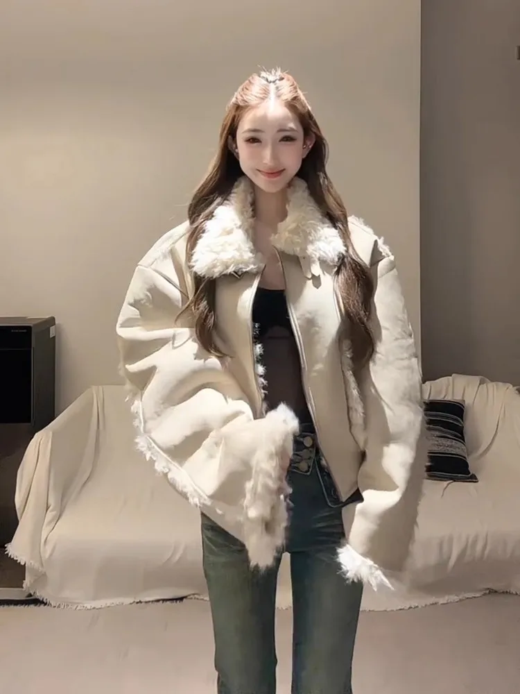 

Syj Comfortable Home Korean Retro Sle Inteated Loose Versatile Jaet Women Winter High-End Feel Collar Furry Outerwear