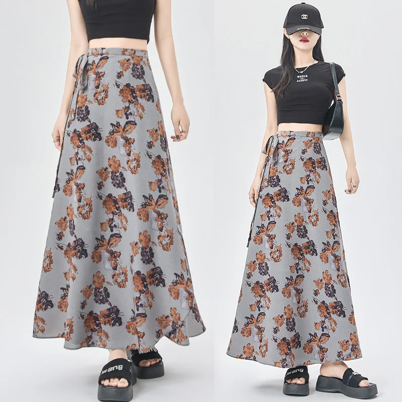 Coigarsam Women Skirt Summer 2024 New Flounced Chiffon Floral Print High Waist Belt Gray Black Pink Blue Skirts