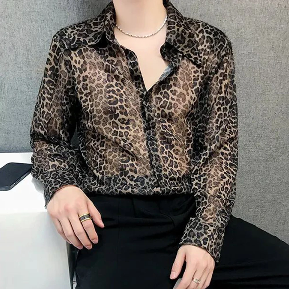 Mens Sexy Leopard Print Mesh See-Through Ice Silk Shirt Autumn Genderless Fashion Youth Nightclub Breathable Hollow Top Unisex