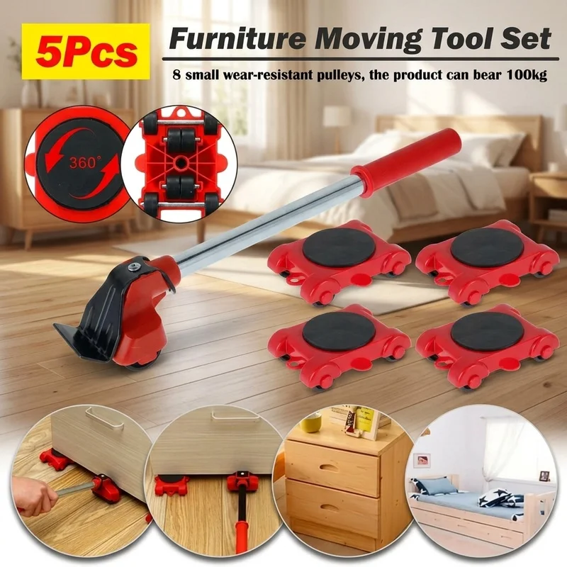 5PCS Heavy Duty Furniture Lifter Mover Set, 360° Rotating Wheels, Labor Saving Tool for Sofa Refrigerator Cabinet Bed Moving