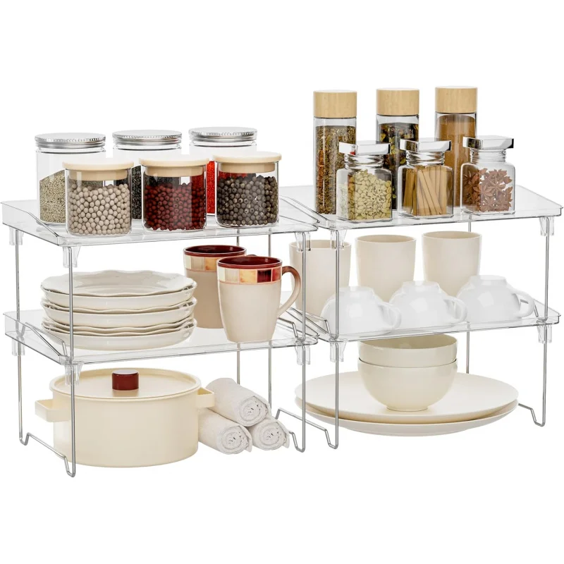 

Набор из 4 прозрачных акриловых органайзеров для шкафов — штабелируемые полки для специй и косметики для столешниц, кухни и ванной комнаты