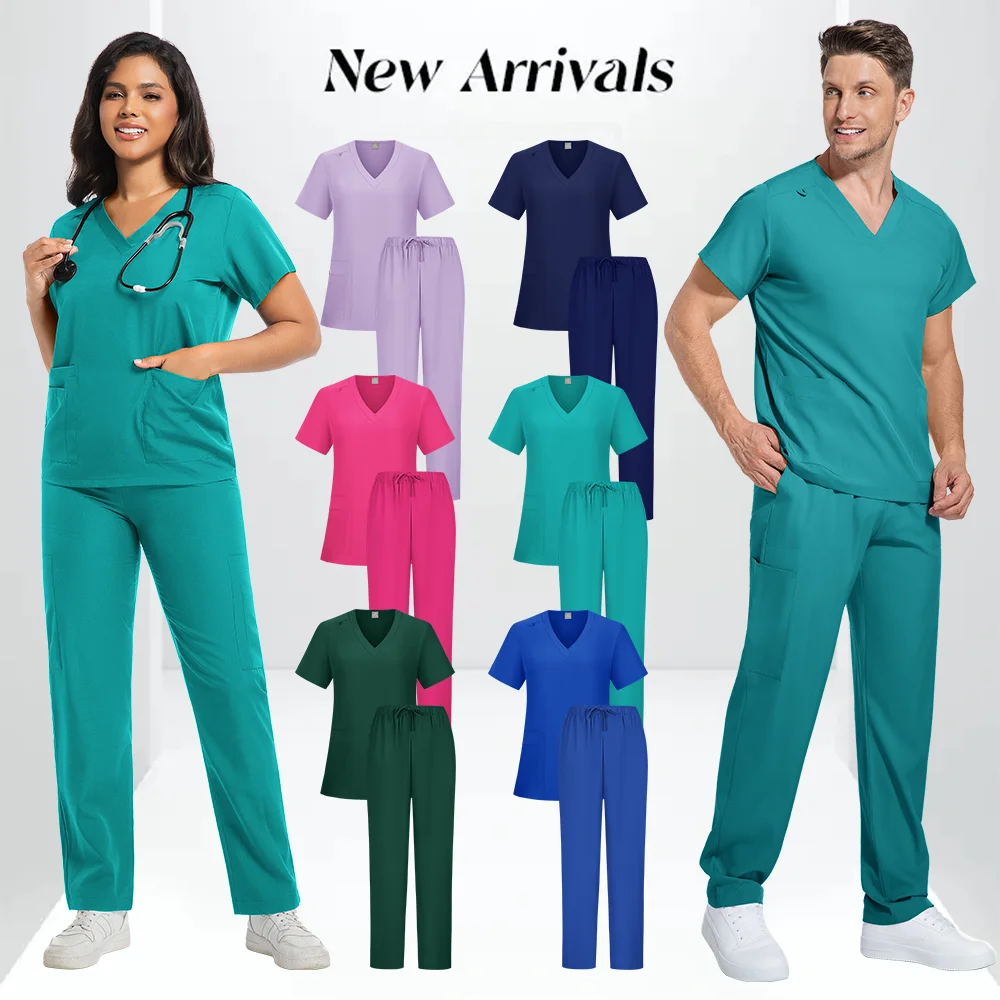 Elastic Operating Room Scrub Set Surgical Uniform Dental Veterinary Work Uniforms V-neck Short Sleeves Tops Pants Suit Wholesale