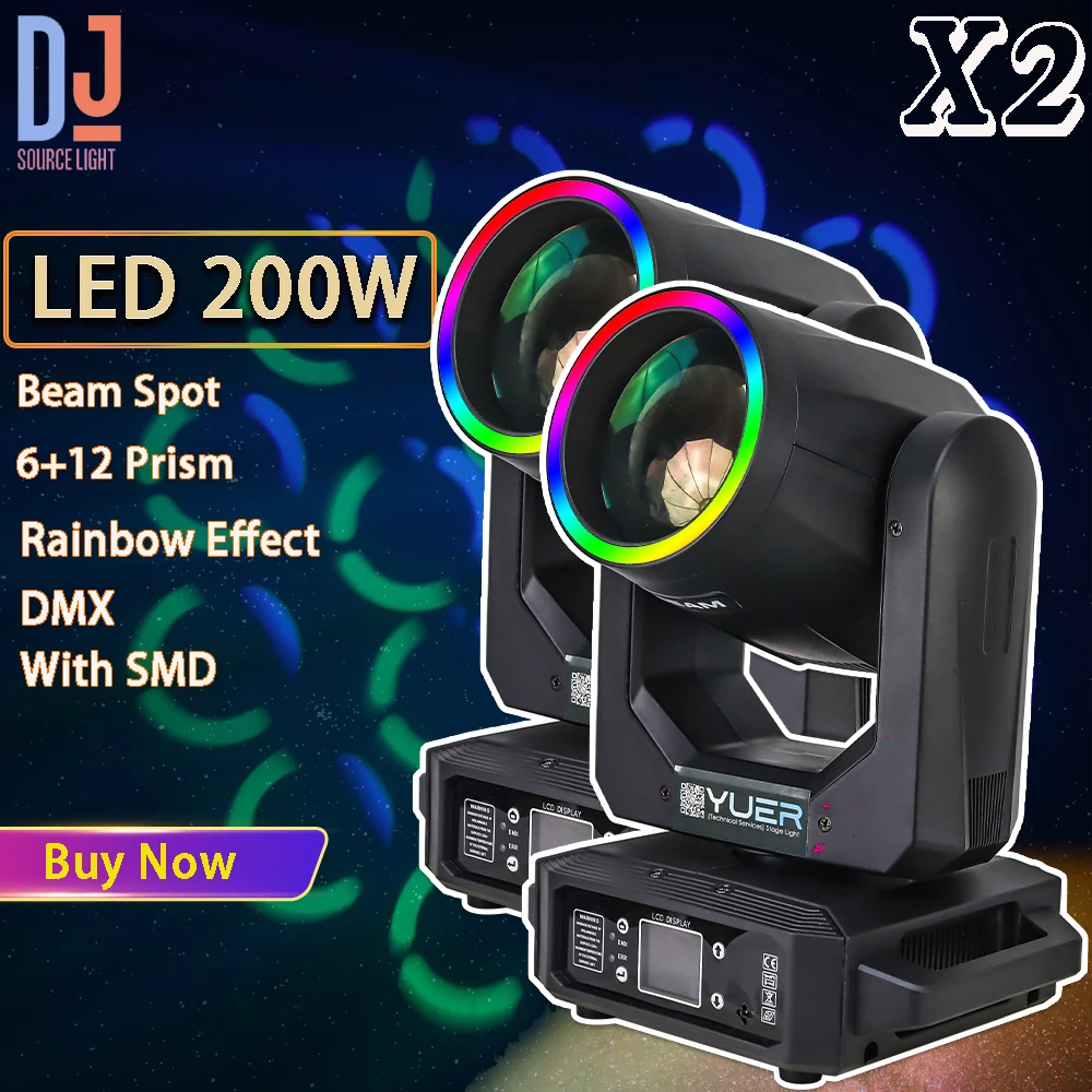 

2Pcs 200W LED Beam Gobo 18 Prism Rainbow Effect Light Dj Dmx Moving Head Light With Ring Disco Club Bar Stage Lighting Effects