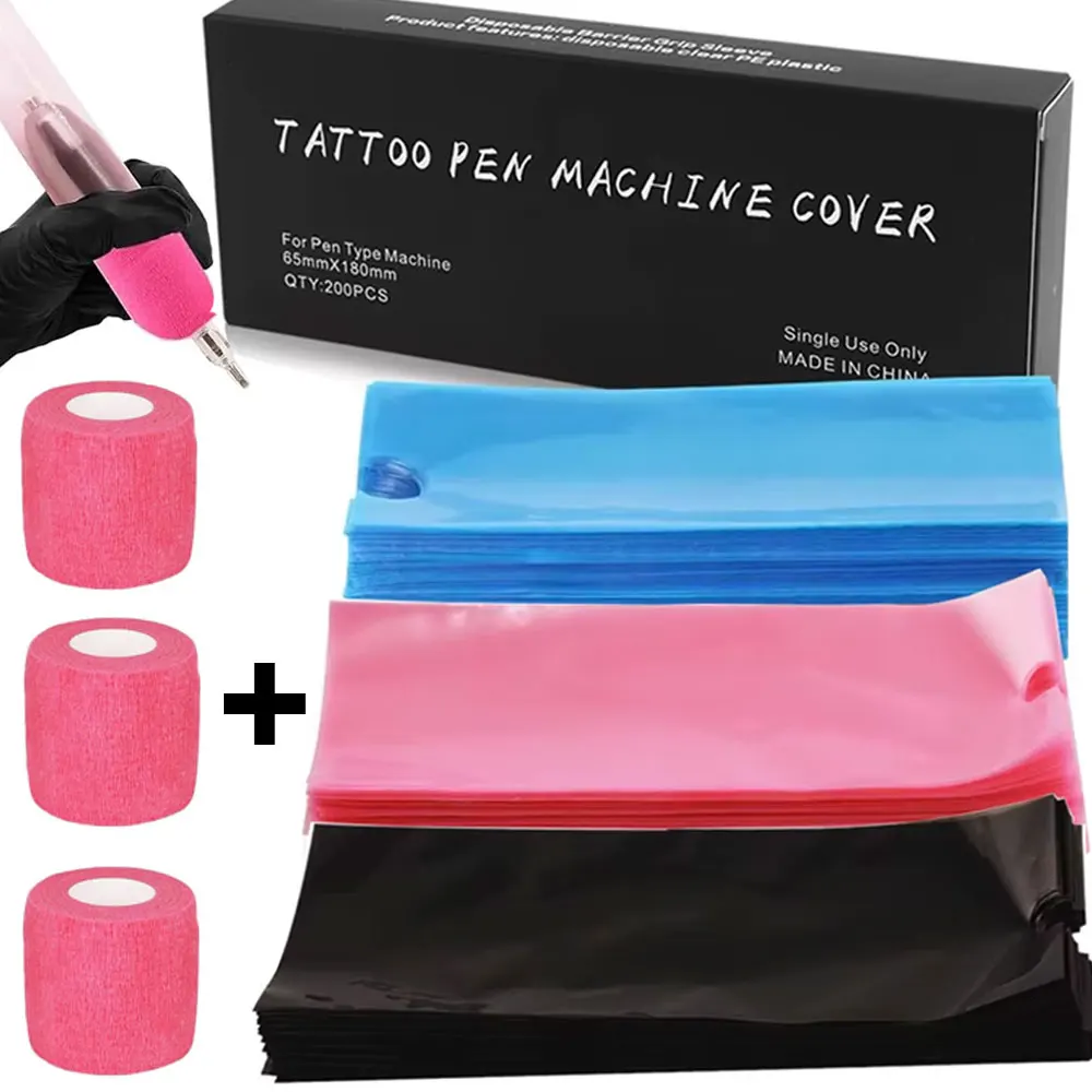 200pcs Large Tattoo Machine Pen Covers Bags with 3pcs Tattoo Grip Cover Bandages Elastic Grips Tape Wraps Kit Tattoo Accessories