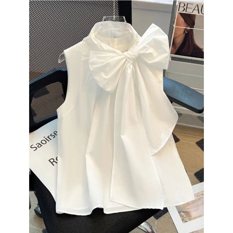 Summer Fashion Lacing Solid Color O-neck Sleeveless Tank Top Ladies Temperament Bow All-match Thin Blouse Women Clothing