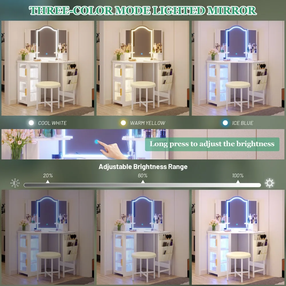 Bureau de vanité d'angle de lumières LED avec le bureau de vanité d'angle d'armoire de rangement