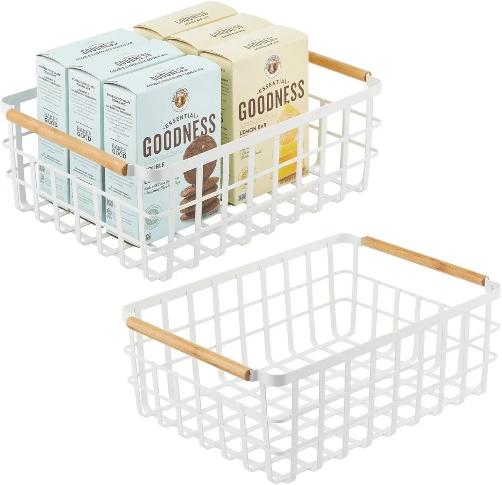 

Metal Wire Storage Organizer Basket with Bamboo Wood Handles for Kitchen Pantry, Rustic Farmhouse Bin to Store Fruit, Coffee