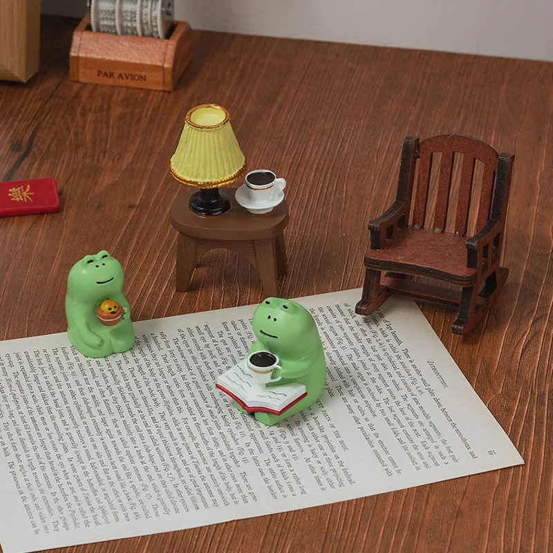【S】Cartoon Frog Rocking Chair Table Lamp Ornament Miniature Figurines Cute Accessories Office Desktop Crafts Home Decor