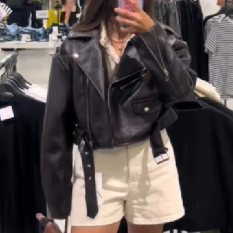 

Women Fashion Artificial Leather Motorcycle Jacket Cool Solid Color Lapel Long Sleeve Coat New Autumn Winter High Street Outwear