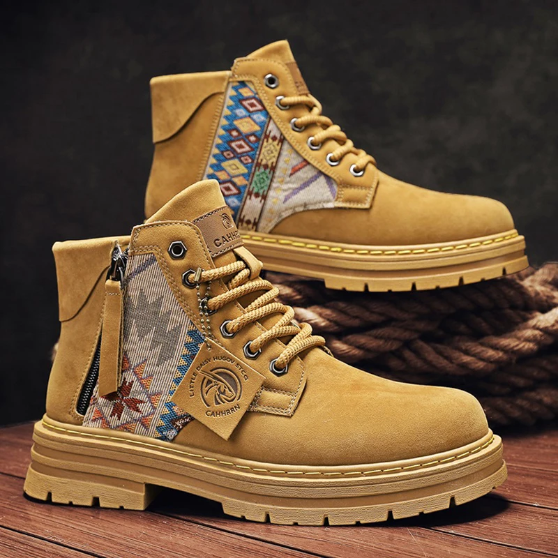 

Модные мужские мотоциклетные ботинки, удобные желтые ботинки на платформе, мужские уличные нескользящие рабочие ботинки, мужские ботильоны botas hombre