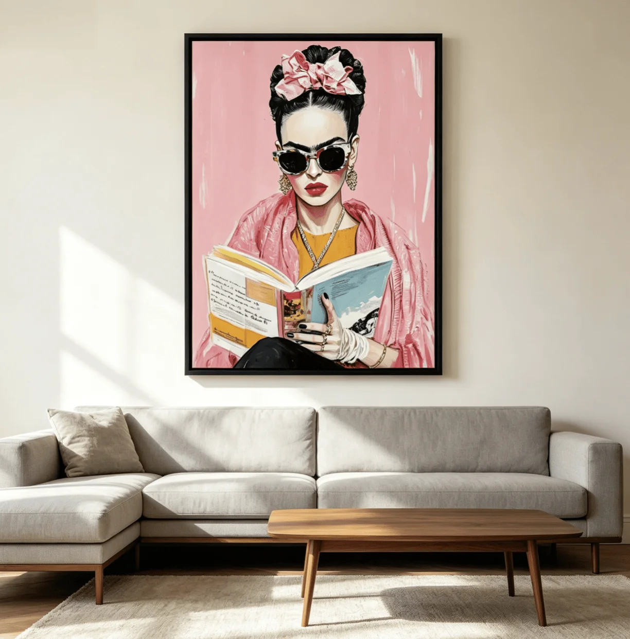 Frida Kahlo Reading Wall Art Canvas Prints, Pink Pop Art Portrait Posters, Modern Feminist Decor for Living Room Bedroom Decor