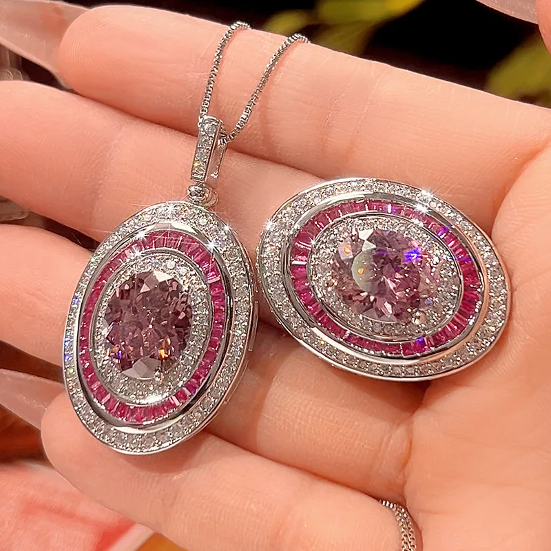 

Luxury Pink Oval Cubic Zirconia Jewelry Adjustable Ring Necklace with Ruby Red Accents Vintage for Women Sparkling Crystal Party