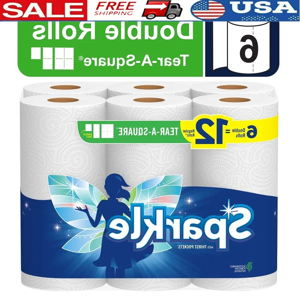 

Absorbent Tear-a-Square Paper Towels 6 Double Rolls 2-Ply Perforated Sheets Ideal Everyday Messes Kitchen Cleanup Compostable