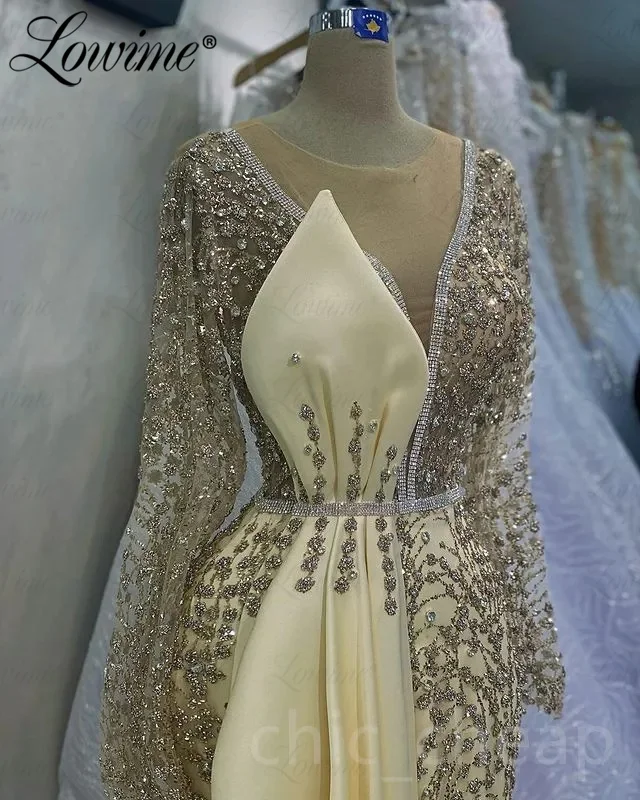 Vestido formal de noite para mulheres do Oriente Médio, árabe, Dubai, vestidos para mãe da noiva, tamanho grande, mangas compridas, vestidos de festa, amarelo claro