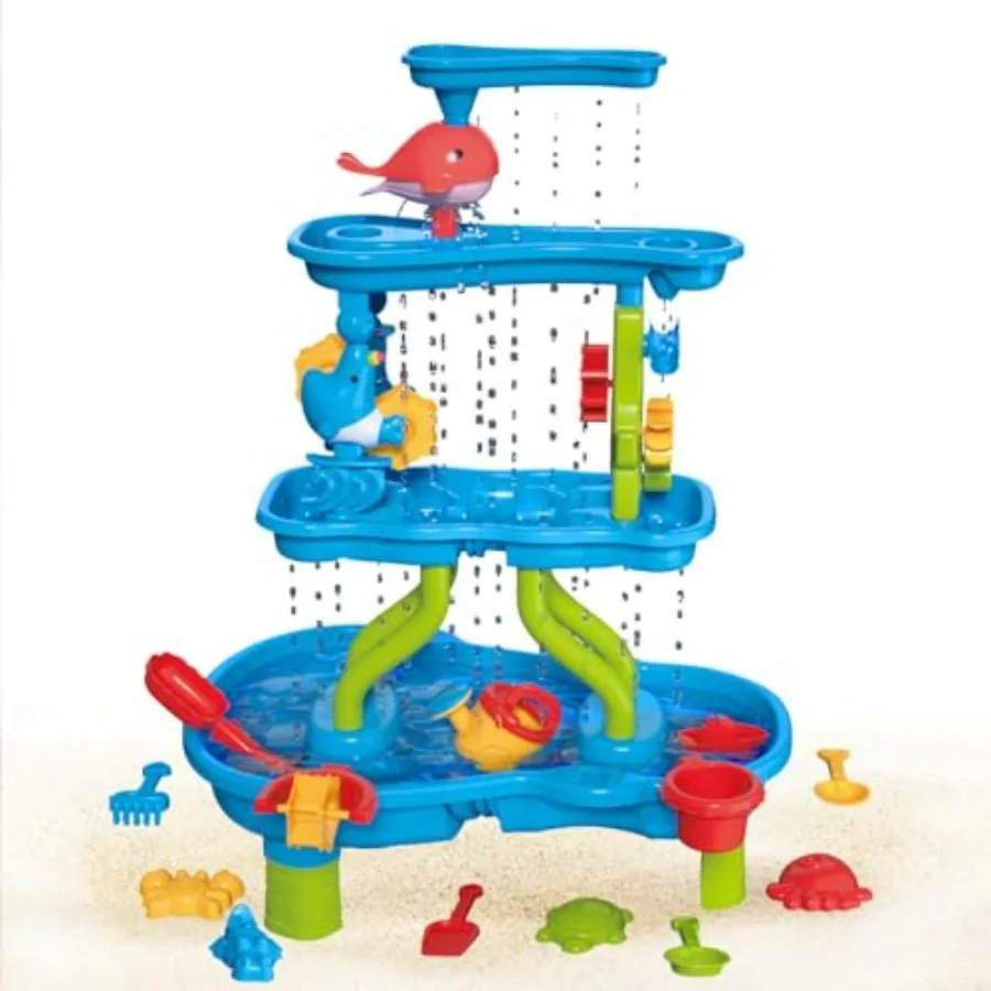 

Outdoor sensory play table for toddlers, plastic sand and water table with chair in blue and yellow, UV-resistant and easy-clea