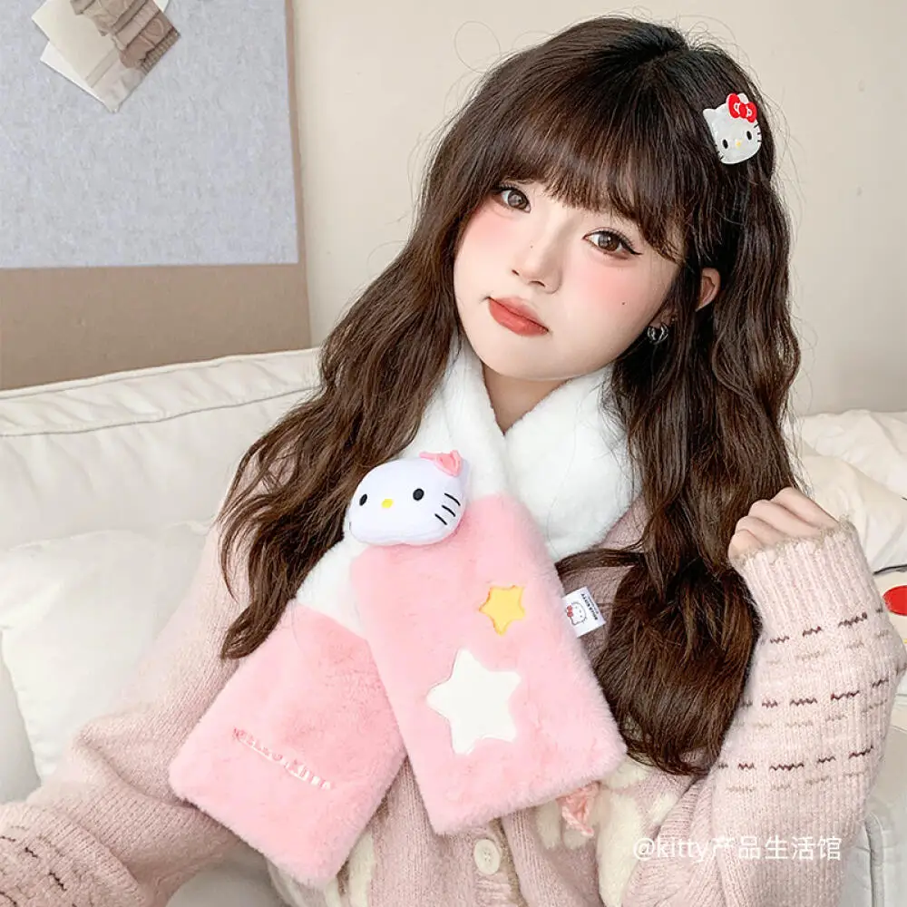 Bufanda gruesa de dibujos animados Cinnamoroll para mantener el calor Sanrio Kawaii Hello Kitty Melody bufanda de felpa Anime invierno niñas lindo regalo de Festival