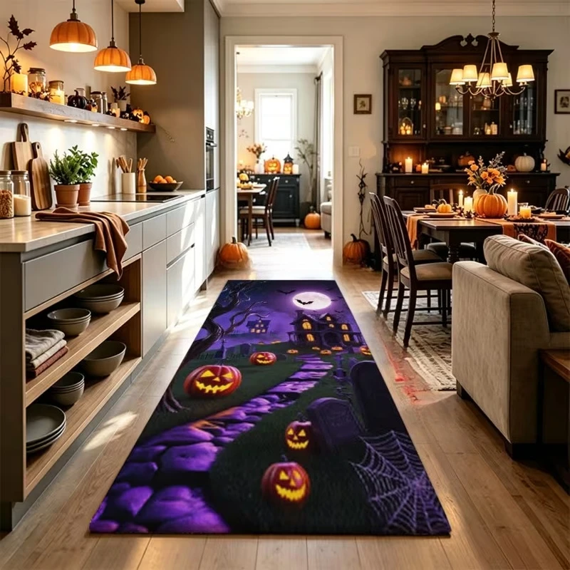 Navy‑base Skull Pumpkin Bat Star Long Runner Rug, Soft Wear‑resistant Household Floor Mat, Spooky Halloween‑themed Decor Carpet