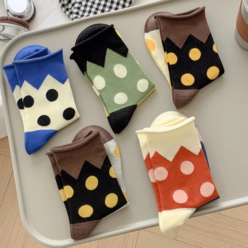 1/5 Paar Damen-Socken mit gerolltem Rand und Polka Dots, Frühling/Sommer, schweißabsorbierend, mittellange Socken, Farbblockierung, einfache Freizeitsocken