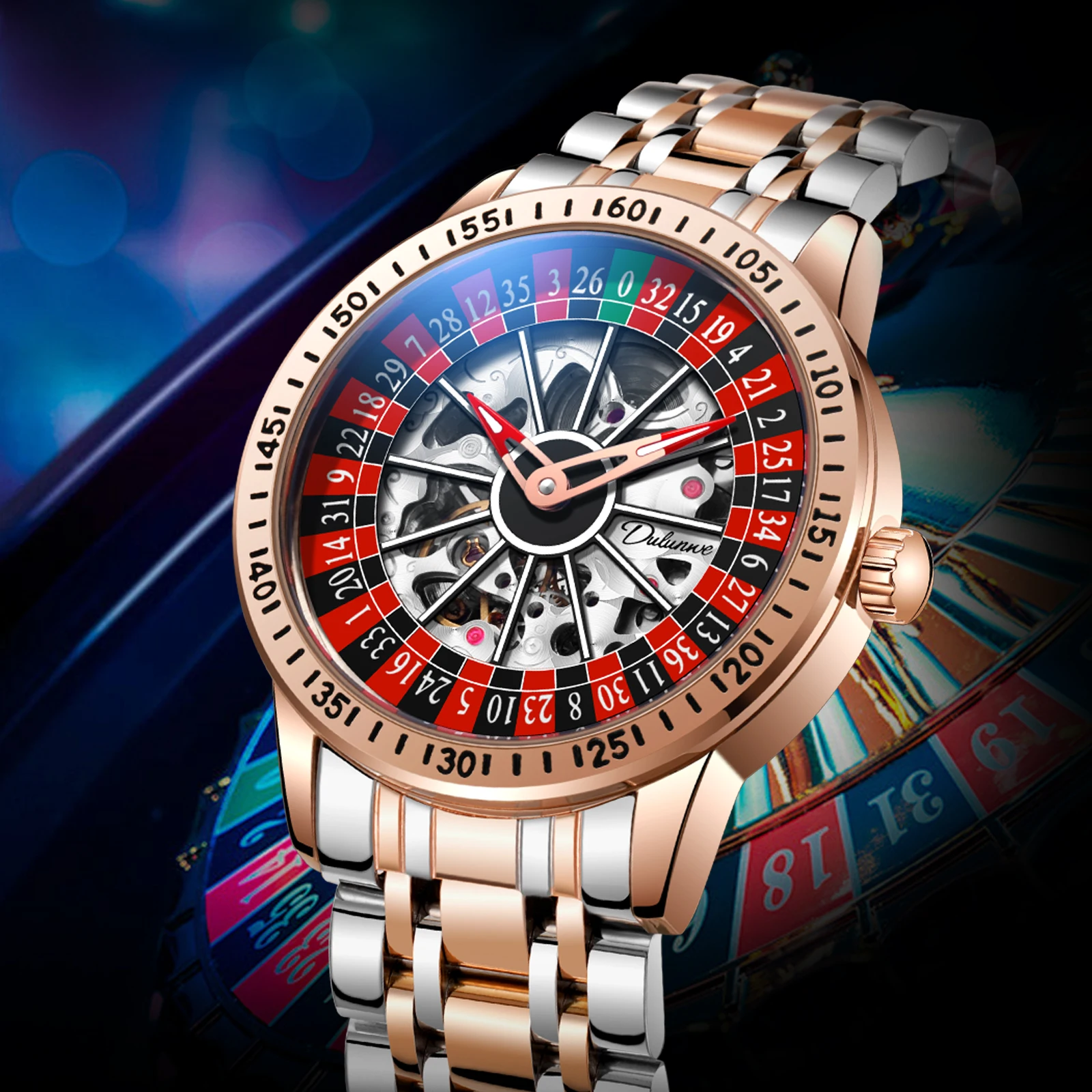 DULUNWE Watch for Men Top Brands Spinning Roulette Automatic Watch Mechanical 30M Waterproof