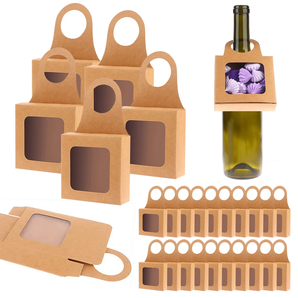 Caja de botellas de vino de papel Kraft de 25 uds., caja de regalo de papel Kraft de Año Nuevo, cajas de vino decorativas, Cajas de Regalo colgantes, recuerdo de fiestas de boda