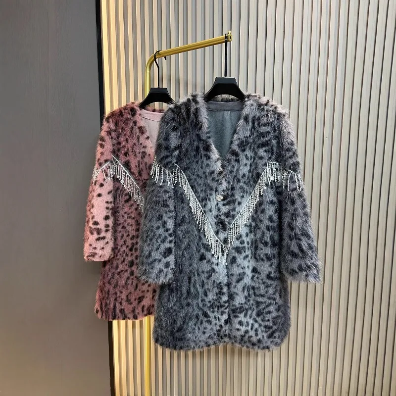 Faux Fur Leopard Print Coat 2025 Winter New Women's Long Fashion Tassel Elegant Slimming Shearling One-Piece Furry Jacket Female