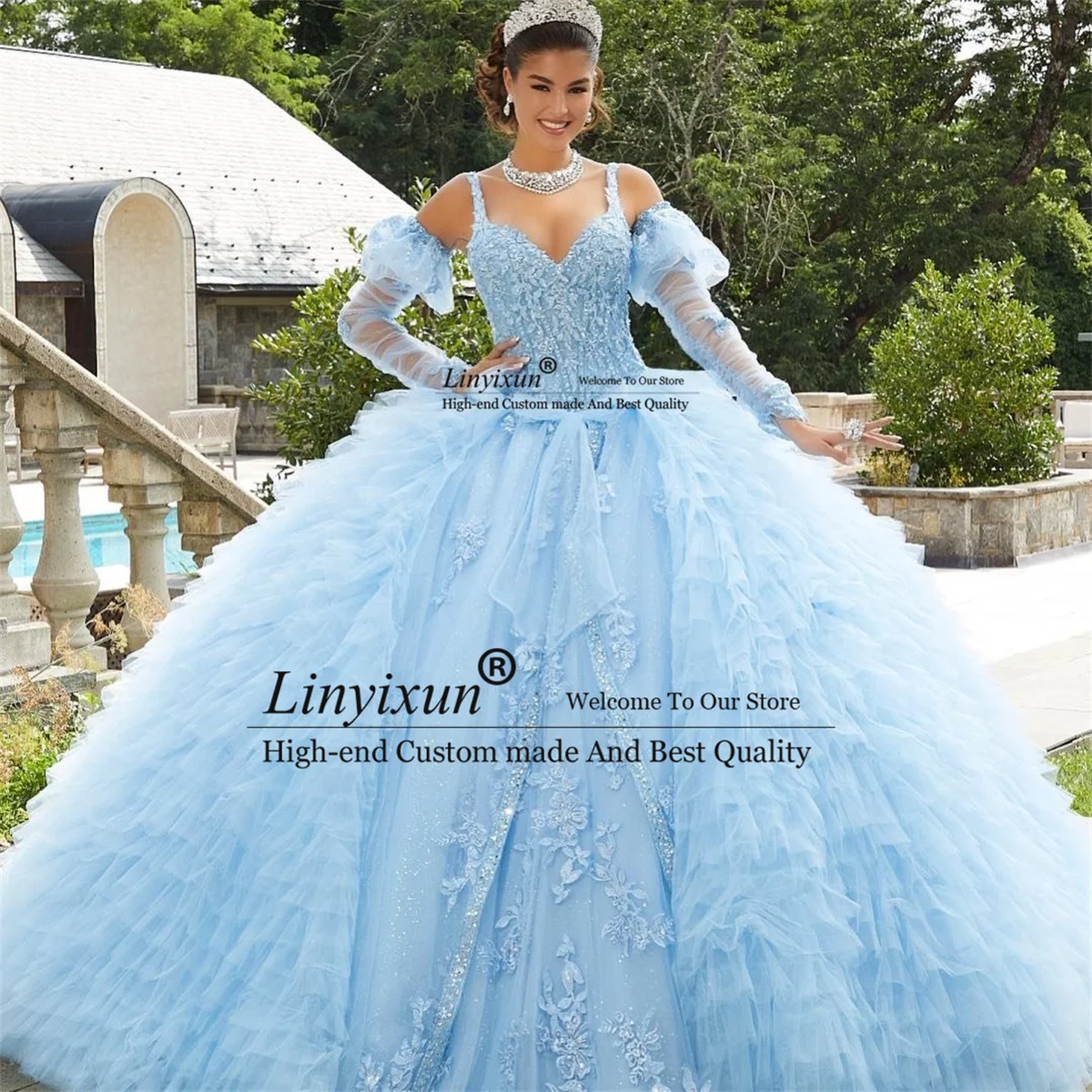 Abito da ballo con perline blu cielo abiti Quinceanera con applicazioni di pizzo dolce 15 corsetto abito in maschera Ruffles Vestidos De 15 aecos